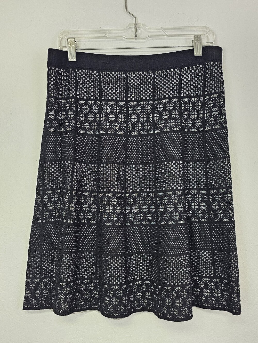 Black Sweater Patterned Elastic Waist A-Line Skirt By Etcetera Sz M Career